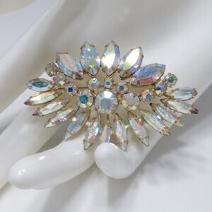 Vintage AB Rhinestone Floral Spray Brooch Gold Tone Mid Century